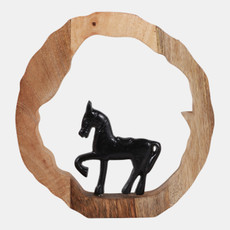 23072-06#11x11" Horse In Wood Round, Black/natural