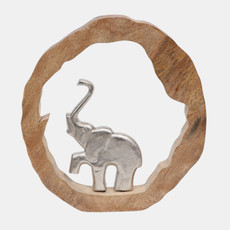 23072-07#11x11" Elephant In Wood Round, Silver/natural