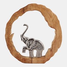 23072-07#11x11" Elephant In Wood Round, Silver/natural