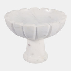 23075#10x8" Marble Petal Bowl On Pedestal, White