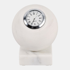 23077#5x4" Round Marble Clock On Base, White/silver