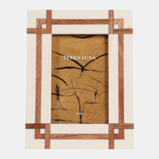 23125-01#4x6" Wood Inlay Resin Photo Frame, Ivory/natural