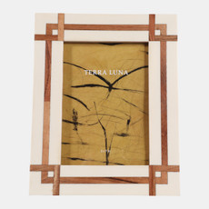 23125-02#5x7" Wood Inlay Resin Photo Frame, Ivory/natural