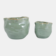 21791-03#S/2 6/8" Round Wavy Edge Planters, Sage Green