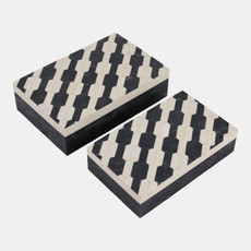 23208#S/2 10/11" Geo Chain Pattern Resin Boxes, Ivory/bl