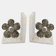23320#S/2 11" Flower W/ Acrylic Orb Bookends, Gold/white