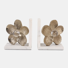 23320#S/2 11" Flower W/ Acrylic Orb Bookends, Gold/white