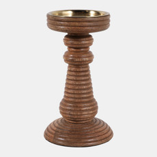 23358-01#7x4" Ribbed Mango Wood Pillar Holder, Natural