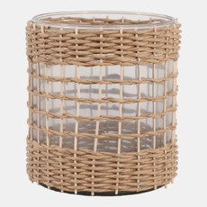 23397#7x6" Woven Jute & Rattan Hurricane, Natural/clear