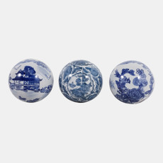 23399#S/3 5" Assorted Chinoiserie Orbs, Blue/white