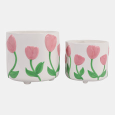 23412#S/2 7/8" Tulip Embossed Footed Planters, Pink/ivor