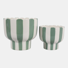 23415-02#S/2 6/8" Striped Pedestal Planter, Green/white