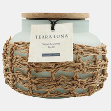 80596-01#5" 14 Oz Sage & Citrus Woven Candle W/ Lid, Green