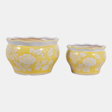 19138-02#Cer, S/2 6/8" Round Chinoisere Planters, Yellow