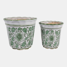 19141-03#Cer, S/2 6/8" Chinoiserie Pot Planters, Green