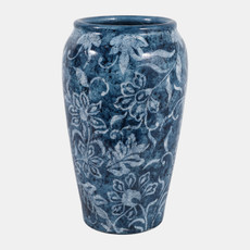 23579-01#13x8" Distressed Floral Terracotta Vase, Blue/whit