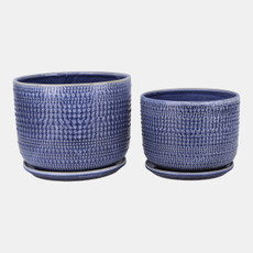21661-09#S/2 10/12" Textured Planter W/ Saucer, Blue