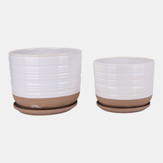 21661-12#S/2 10/12" Ribbed Planter With Saucer, White/tan