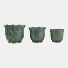 23613-04#S/3 8/9/11" Floral Ruffle Edge Planters, Green