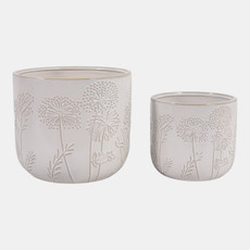 23620-01#S/2 6/8" Floral Embossed Planters, Ivory