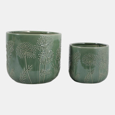 23620-02#S/2 6/8" Floral Embossed Planters, Sage Green