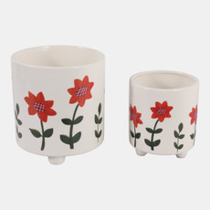 21909-03#S/2 6/8" Orange Flowers Footed Planters, Multi