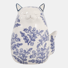 18480-04#6x5" Leaf Print Sitting Kitty, Blue/white