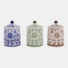 23668#S/3 Cer, 6" Chinoiserie Jar,wht/blu/grn/brwn
