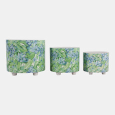 23697#S/3 8/10/12" Blue Flowers Footed Planters, Blu/grn