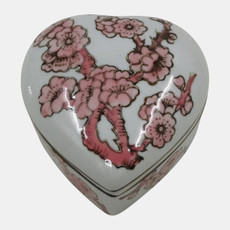 23703-01#4" Cherry Blossom Chinoiserie Heart Box, Pink/whit