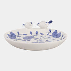 23698-05#10x9" Floral Cinoiserie Bird Bath, Blue/white