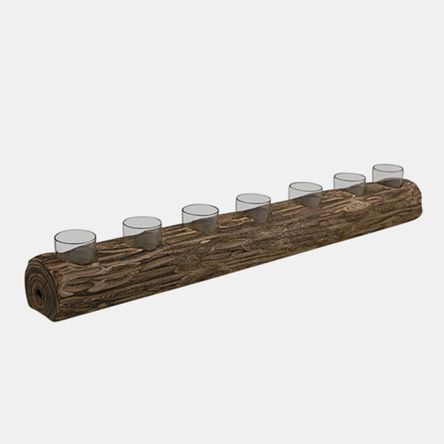 15343-02#Wood 32" Log 7-cup Tealight Holder, Brown