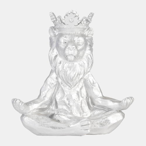 15883-03#Resin 7" Yoga Lion W/ Crown, Silver