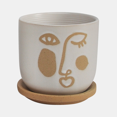 17074-01#S/2 5/6" Funky Face Planter W/ Saucer, Beige