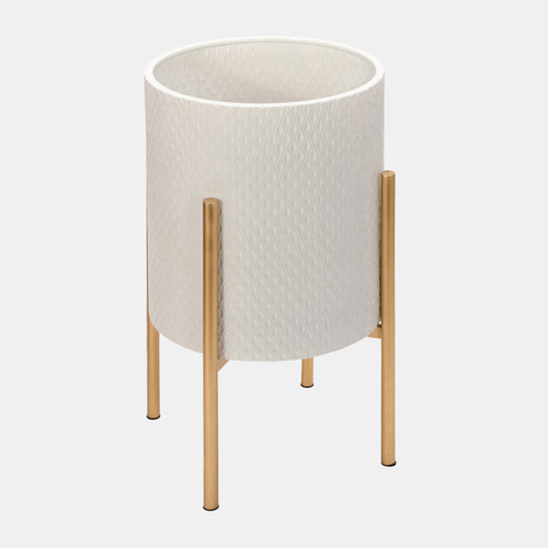 12629-06#S/2 Textured Planter On Metal Stand, White/gold