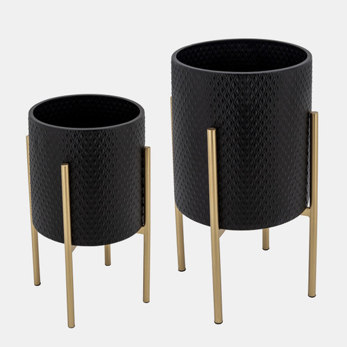 12629-07#S/2 Textured Planter On Metalstand, Black/gld