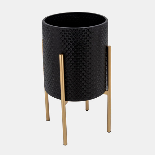 12629-07#S/2 Textured Planter On Metalstand, Black/gld