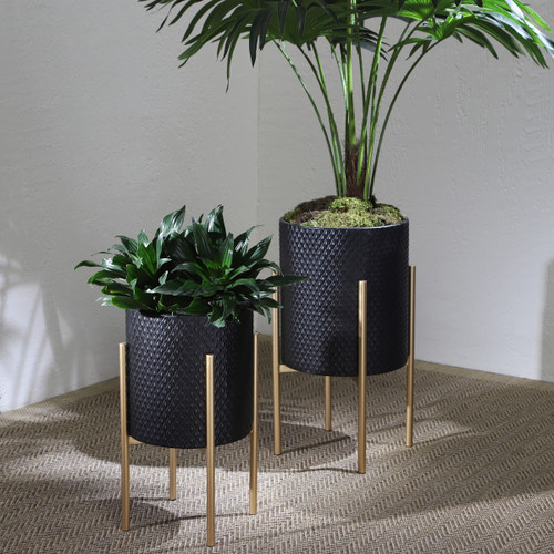 12629-07#S/2 Textured Planter On Metalstand, Black/gld
