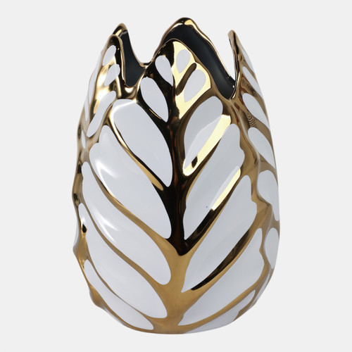 13036-03#Ceramic 8" Leaf Vase, White/gold