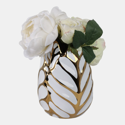 13036-03#Ceramic 8" Leaf Vase, White/gold