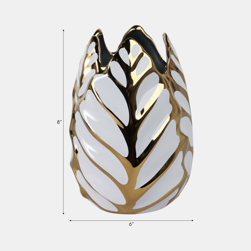 13036-03#Ceramic 8" Leaf Vase, White/gold