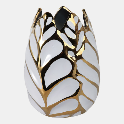 13036-03#Ceramic 8" Leaf Vase, White/gold