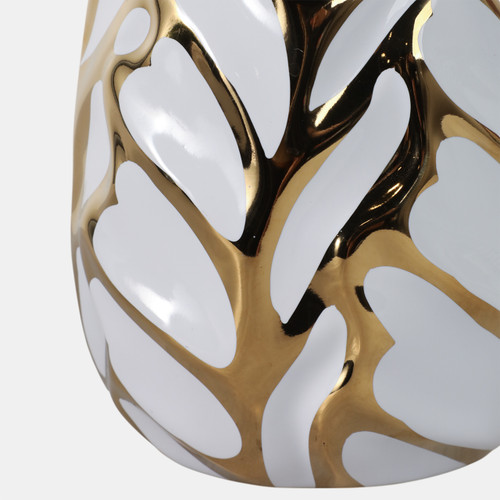 13036-03#Ceramic 8" Leaf Vase, White/gold