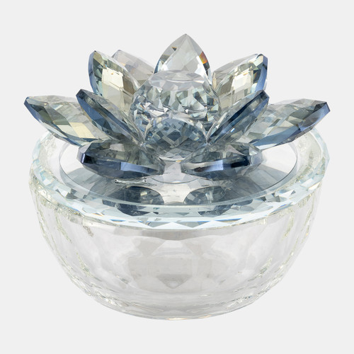 13212-06#Glass Trinket Box Clear W/lt Blue Lotus Top