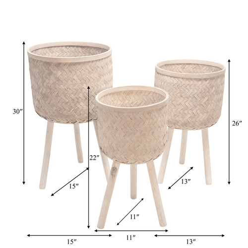 13574-06#S/3 Bamboo Planters White Wash