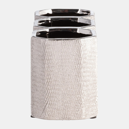 13748-05#Ceramic 4" 3-cup Pencil Holder, Silver