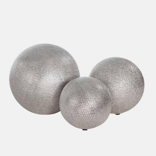 13826-06#S/3 Ceramic 6/5/4" Orbs, Silver