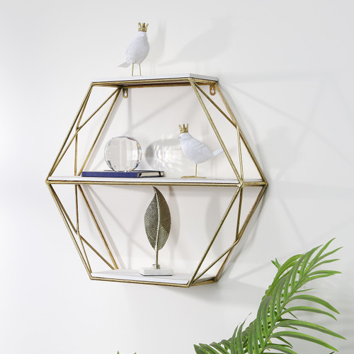 13884-02#Metal / Wood 3 Tier Hexagon Wall Shelf, Gold