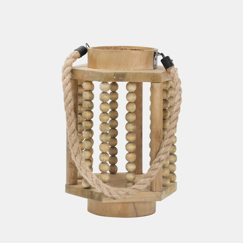 14096-01#Wood 11" Lantern With Rope Handle, Brown