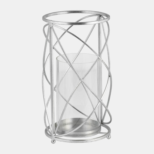 14396-03#Metal 13" Hurricane Candle Holder, Silver